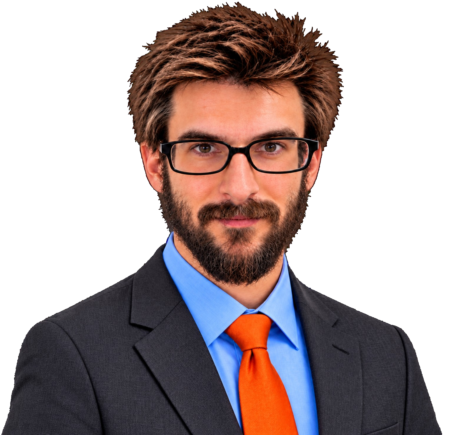 Derek Verbrugge wearing a blue shirt and orange tie